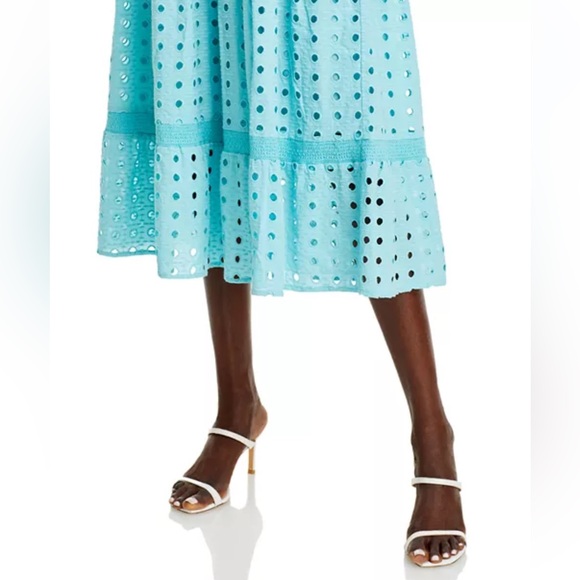 T Tahari Eyelet Midi Dress Blue Off-Shoulder Smocked Bodice Tiered NWT Sz XS - Picture 12 of 15